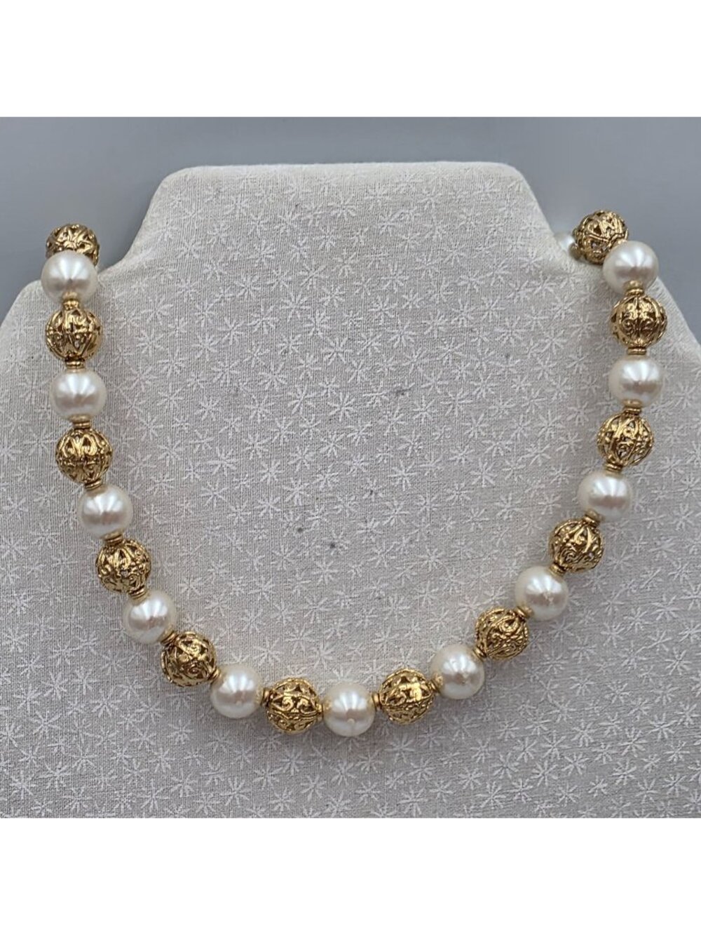 Napier Vintage Faux Pearl & Gold Filigree Bead Necklace 24" Signed Elegant